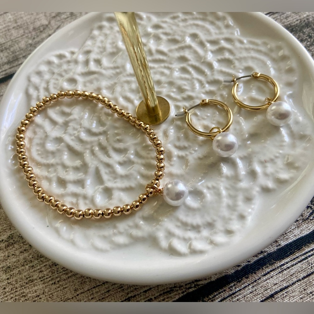 NEW. Set of 14KT gold plated hoop earrings and bracelet with faux pearl charm. - Picture 5 of 7